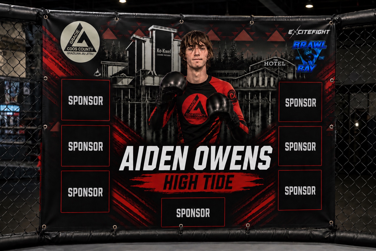 Aiden Owens Brawl on the Bay fighter-banner concept with seven sponsor positions