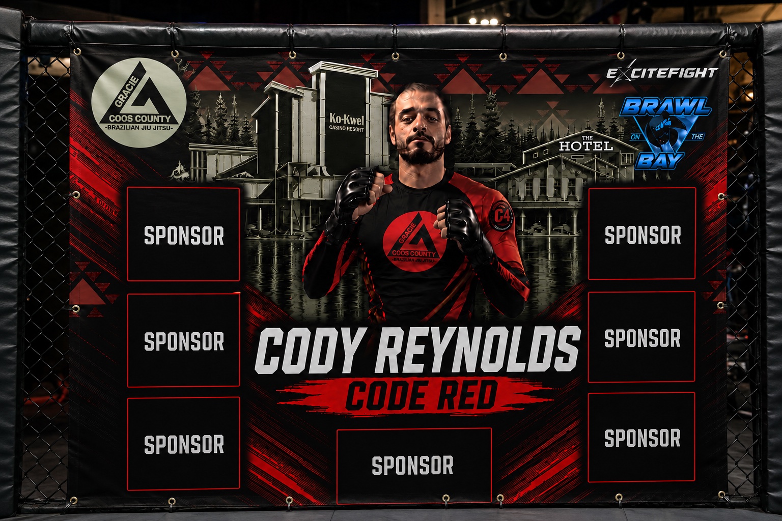 Cody Reynolds Brawl on the Bay fighter-banner concept with seven sponsor positions