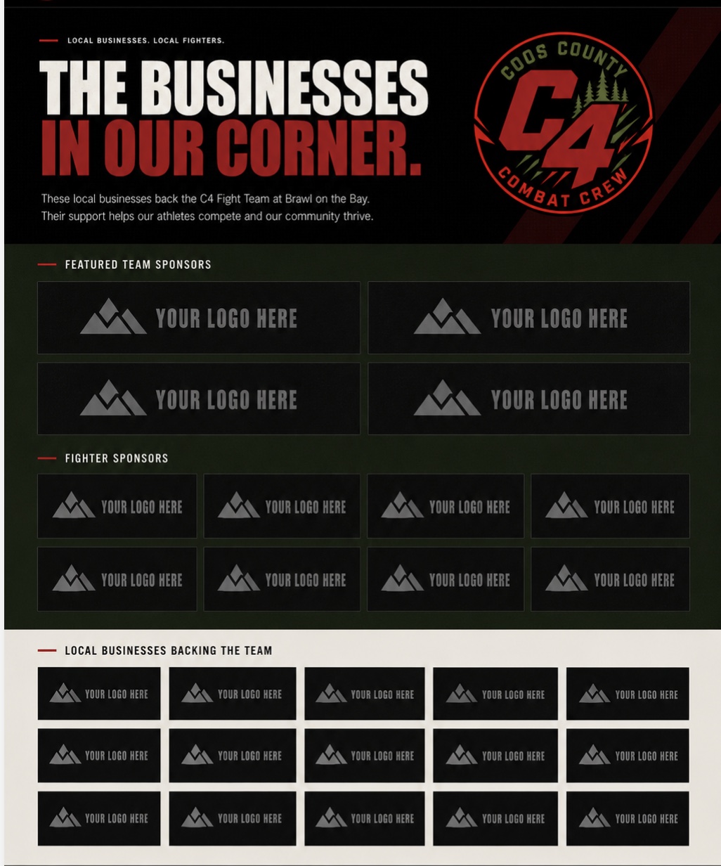 Concept for the Gracie Coos County website sponsor-recognition page with team and fighter sponsor positions