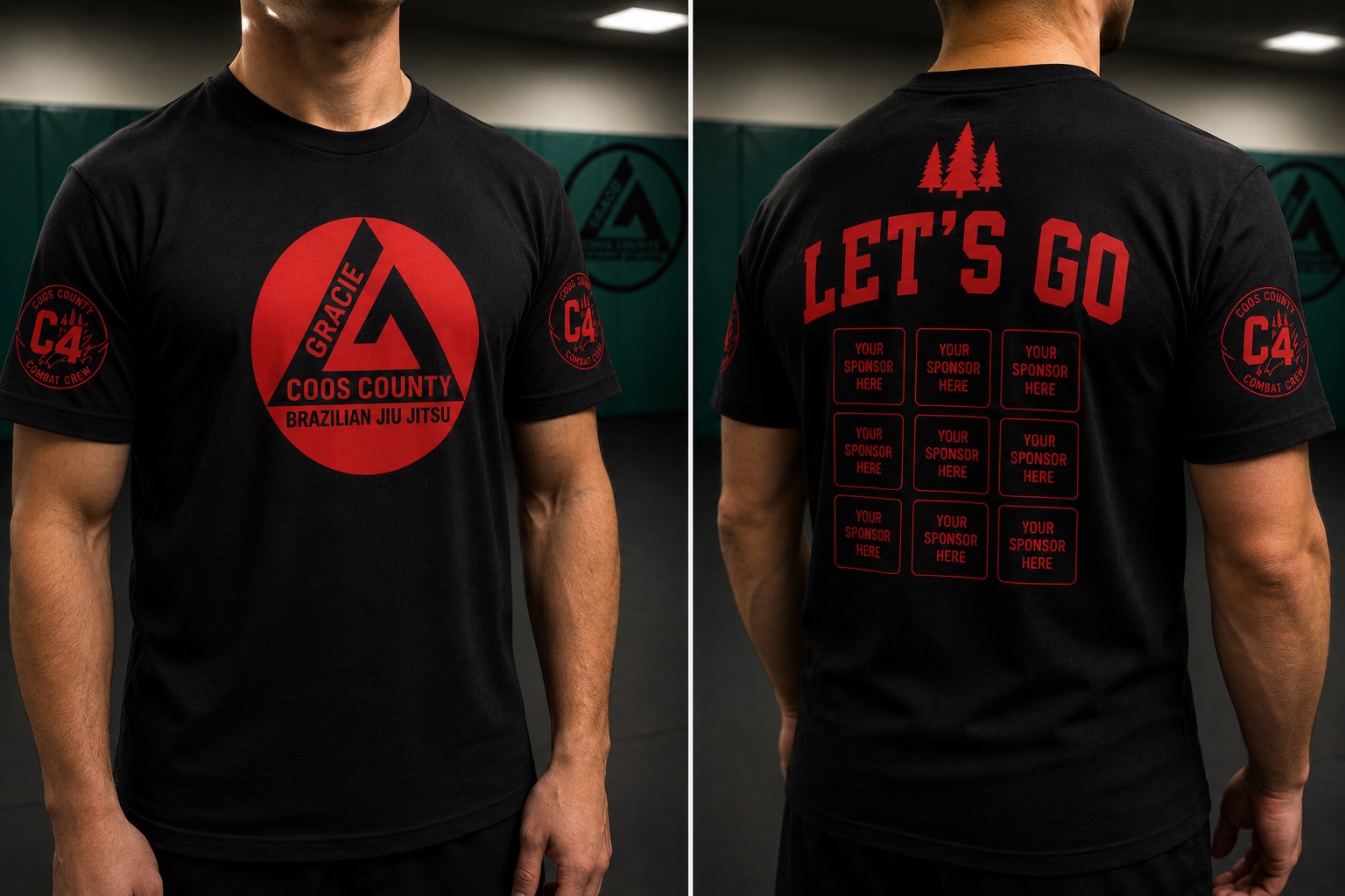 Front and back concept for the black and red C4 Fight Team walkout shirt showing sponsor placements